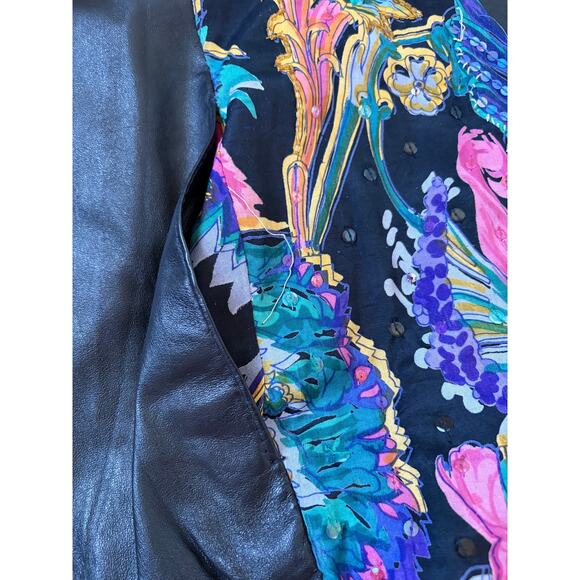 VTG 80s Judith Anne Creations Leather Bat Sleeve Floral Sequin Bomber Jacket - Picture 13 of 14